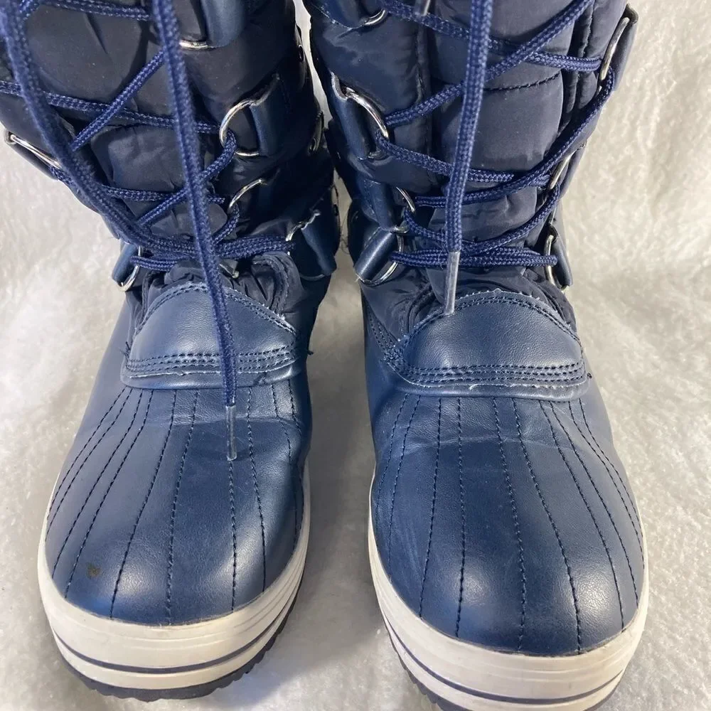 Polar Navy Nylon Tall Fur Lace Waterproof Snow Rainy Boots Sz 8